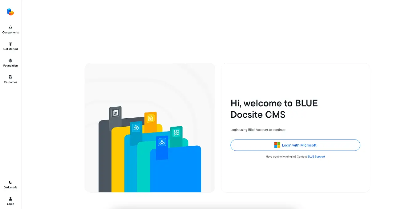 Halaman login dengan Microsoft Account untuk mengakses CMS BLUE Documentation Site