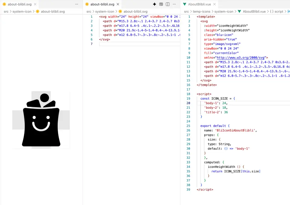 Konversi file SVG menjadi komponen Vue pada BLUE icon library