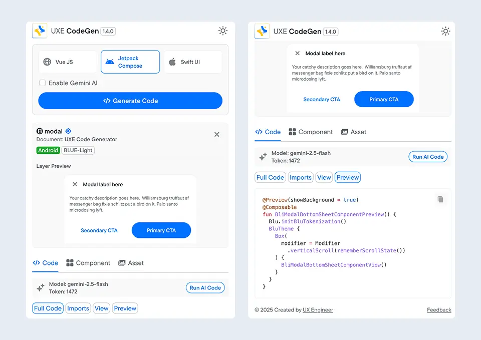 Preview of the UXE Codegen Figma plugin for Android